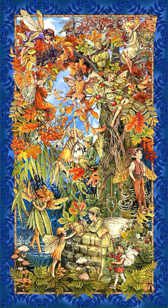 Patchworkstoff Elfen Herbst Flower Fairies of the Autumn Panel blau