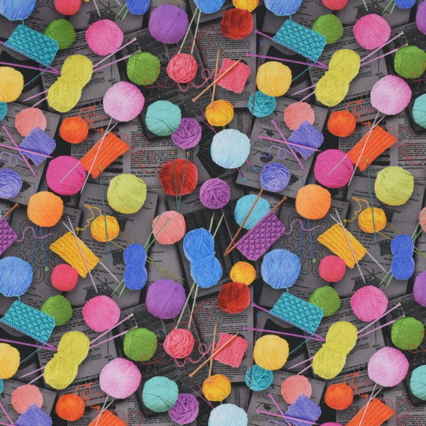 Patchworkstoff Stricken Strickzeug Vintage "Knit One Purl Two" grau