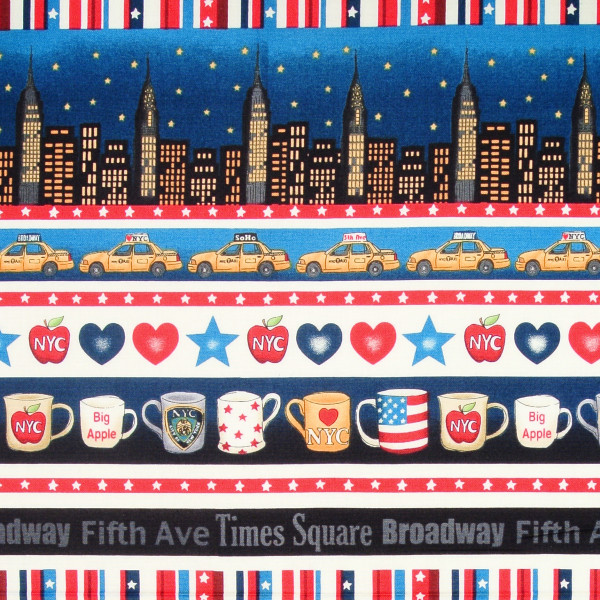Patchworkstoff New York City Wolkenkratzer Taxis Tassen Schrift