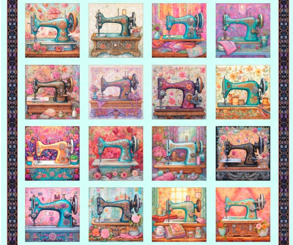 0,9 m Patchworkstoff Nähen nostalgische Nähmaschinen Panel 16 Bilder