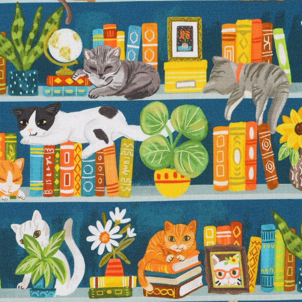 Patchworkstoff Buch Bücher Lesen Katzen "Purrfect Bookshelf" Bordüre