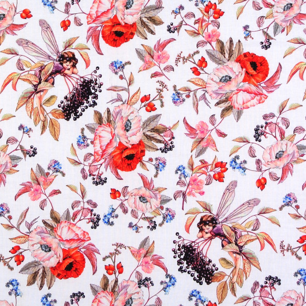 Elfen Flower Fairies "Elderberry" Patchworkstoff weiß