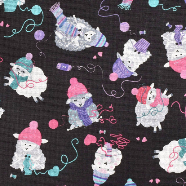 Patchworkstoff strickende Schafe Mützen "Love Eve more" schwarz