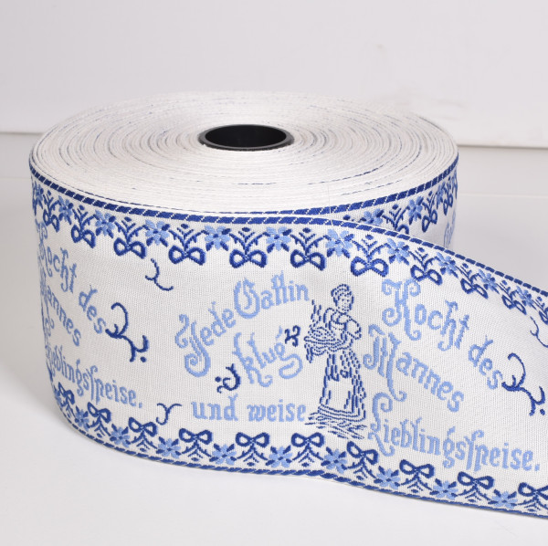 Rarität 1 m Webband Küchensprüche Kochen "Jede Gattin..." blau