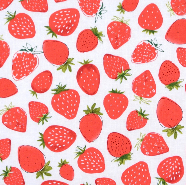 Patchworkstoff Erdbeeren Obst Baumwollstoff Webware weiß