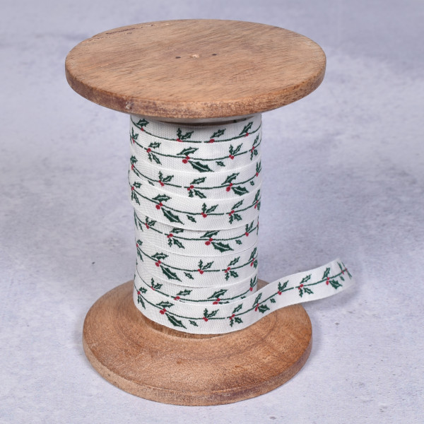 1 m Webband acufactum Weihnachten Ilex rot grün auf Natur 1 cm breit