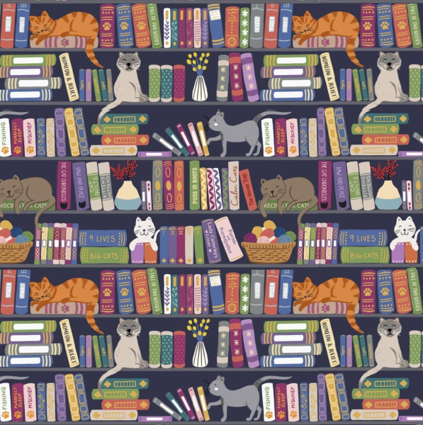 Patchworkstoff Buch Bücher Lesen Katzen "Purrfect Book Club" blau