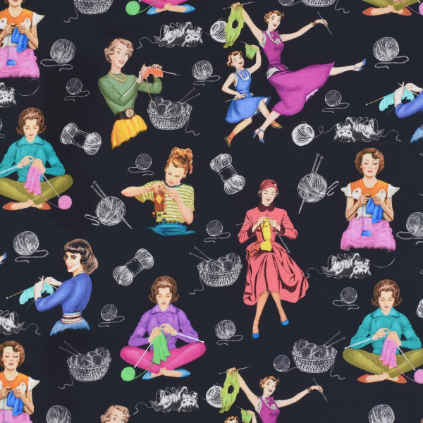 Patchworkstoff Stricken Frauen Vintage "Knit One Purl Two" schwarz