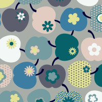 Baumwollstoff Cretonne bunte Äpfel Retro Blau Grün Grau Baumwollstoff Cretonne bunte Äpfel Retro Blau Grün Grau