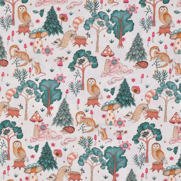 1 m Baumwollstoff Waldtiere Bäume Eulen Waschbär Pilze Elfe hellbeige