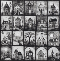 Patchworkstoff Halloween kleine Spukhäuser Creepsville grau Patchworkstoff Halloween kleine Spukhäuser Creepsville grau