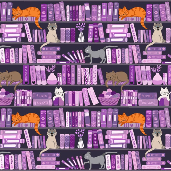 Patchworkstoff Buch Bücher Lesen Katzen "Purrfect Book Club" lila
