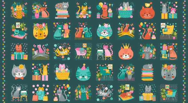 0,6 m Patchworkstoff Katzen kleine Motive "Whiskers" dunkeltürkis Panel