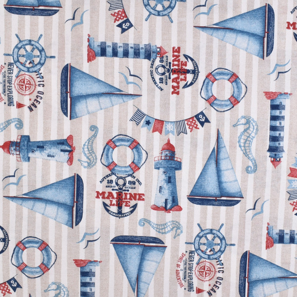 Dekostoff maritim Marine Life Leuchtturm Schiffe Anker Streifen 1 m