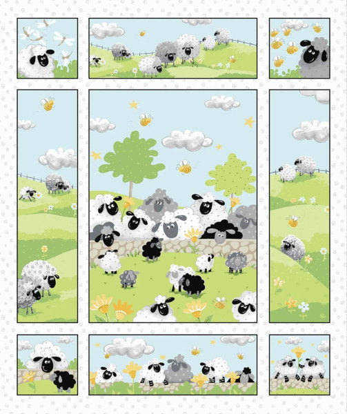 0,9 m Schafe Susybee Mauer Lewe Patchworkstoff Panel hellblau grün