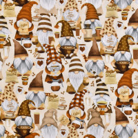 Patchworkstoff Wichtel Gnome Kaffee Coffee Gnomes beige Patchworkstoff Wichtel Gnome Kaffee Coffee Gnomes beige