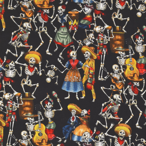 Patchworkstoff Skelette Fiesta de los Muertos Mexiko schwarz