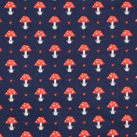Baumwollstoff Pilze Fliegenpilze Glückspilze Herzchen Webware dunkelblau Baumwollstoff Pilze Fliegenpilze Glückspilze Herzchen Webware dunkelblau
