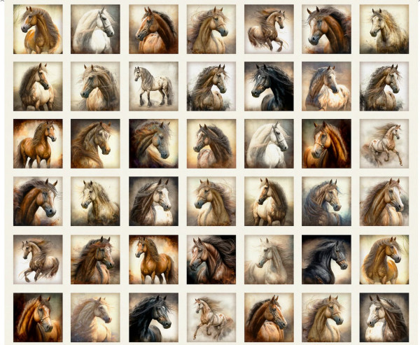 0,9 m Patchworkstoff Pferde 42 Bilder "Stallion Song" Panel