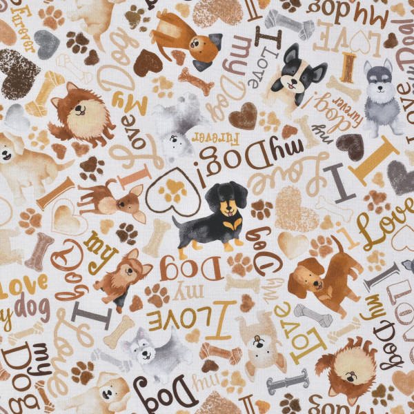 Patchworkstoff Hunde Hundeliebe Schrift "Happiness has Paws" beige