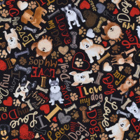 Patchworkstoff Hunde Hundeliebe Schrift "Happiness has Paws" schwarz Patchworkstoff Hunde Hundeliebe Schrift "Happiness has Paws" schwarz