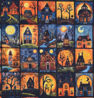 Patchworkstoff Halloween kleine Spukhäuser Creepsville bunt Patchworkstoff Halloween kleine Spukhäuser Creepsville bunt