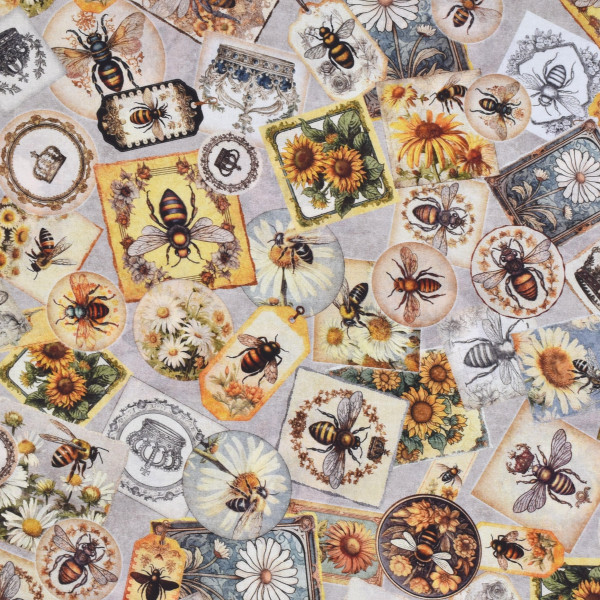 Patchworkstoff Bienen Bienenkönigin"Queen Bee" Collage grau
