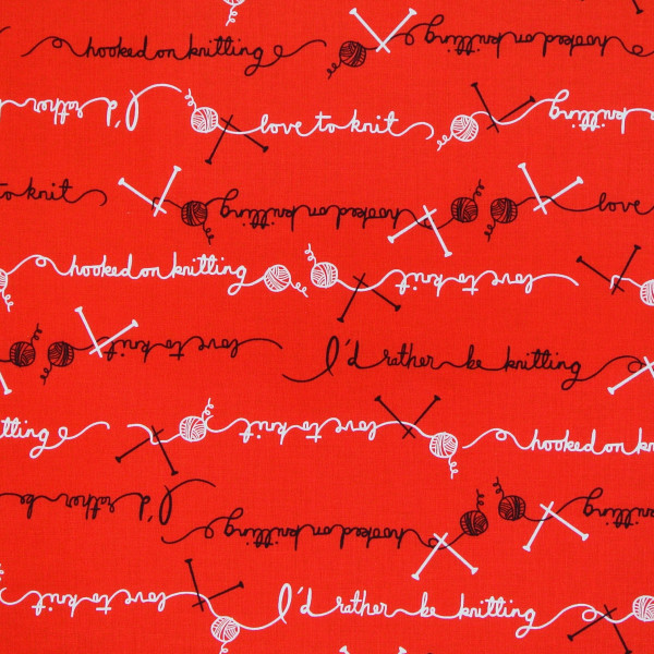 Patchworkstoff Schriftzüge Stricken rot "I love to Knit"