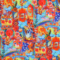 Patchworkstoff bunte Katzen Blumen Häuser Sunshine Cats Patchworkstoff bunte Katzen Blumen Häuser Sunshine Cats