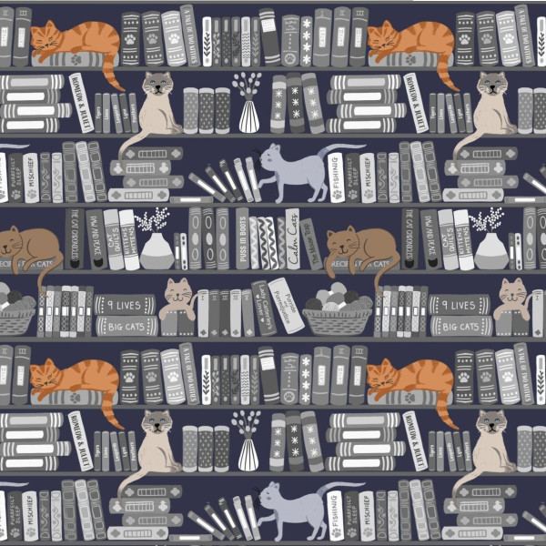 Patchworkstoff Buch Bücher Lesen Katzen "Purrfect Book Club" grau