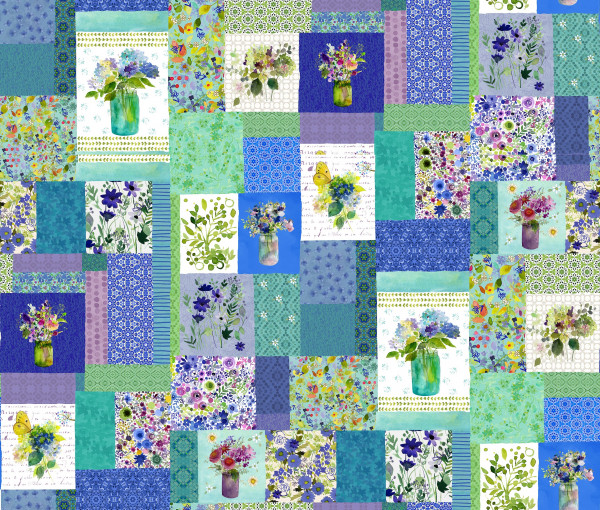 1,00 m Patchworkstoff Blumen "Painted Patchwork" blau Webware