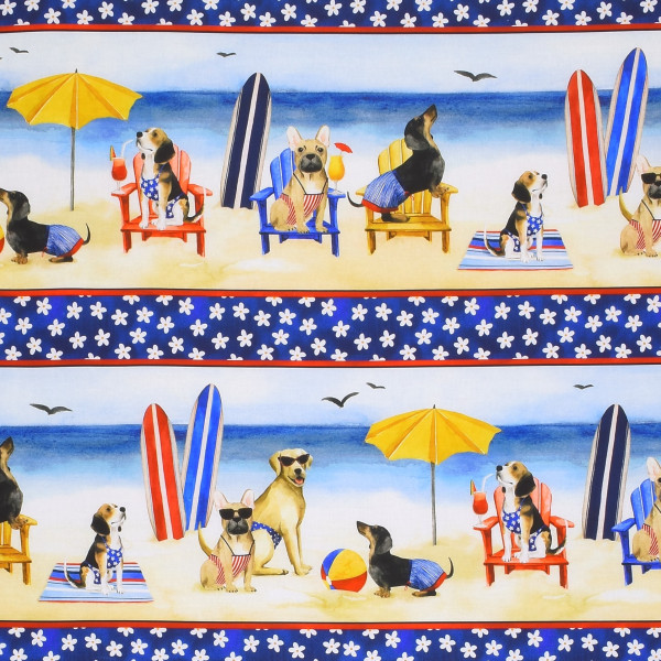 Patchworkstoff Hunde Sommer Strand Meer "Hot Dog"" Border