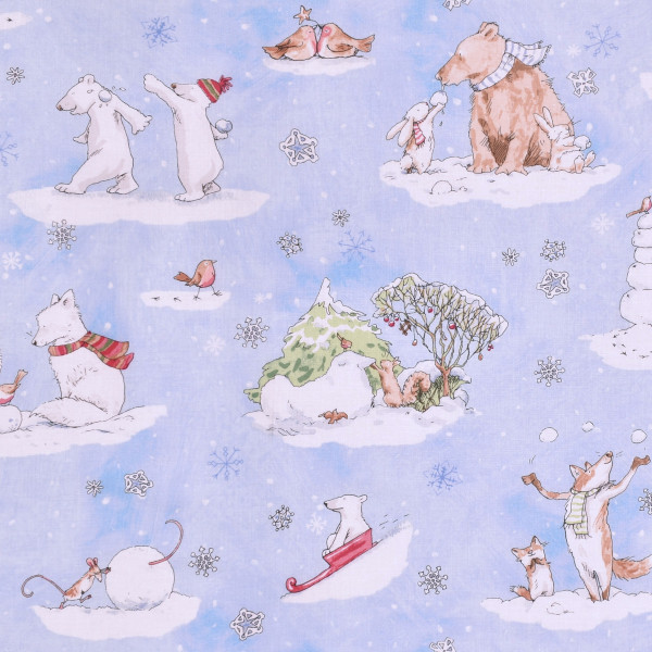 Patchworkstoff Winter Maus Bär Fuchs Winter Schnee "Snowtime" hellblau