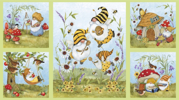 Patchworkstoff Wichtel Gnome Bienen "Buzzin with my Gnomies" Panel