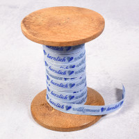 1 m Webband Herzen Schrift "herzlich willkommen" 1 cm breit blau 1 m Webband Herzen Schrift "herzlich willkommen" 1 cm breit blau