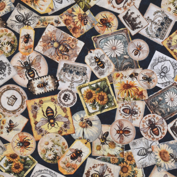 Patchworkstoff Bienen Bienenkönigin"Queen Bee" Collage schwarz