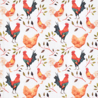 Baumwollstoff Hühner stolze Hähne Geflügel Blätter weiß Baumwollstoff Hühner stolze Hähne Geflügel Blätter weiß