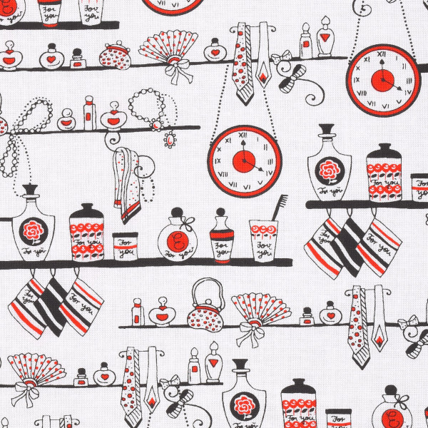 Sale 1 m Patchworkstoff "Joie de Vivre" Uhren Kosmetik weiß