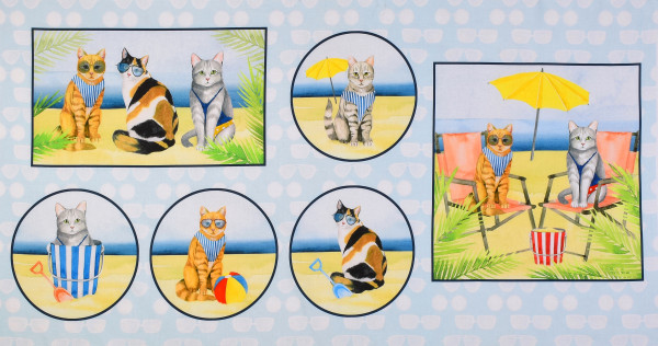 Patchworkstoff Katzen Sommer Strand Meer "Coastal Kitty"" Panel